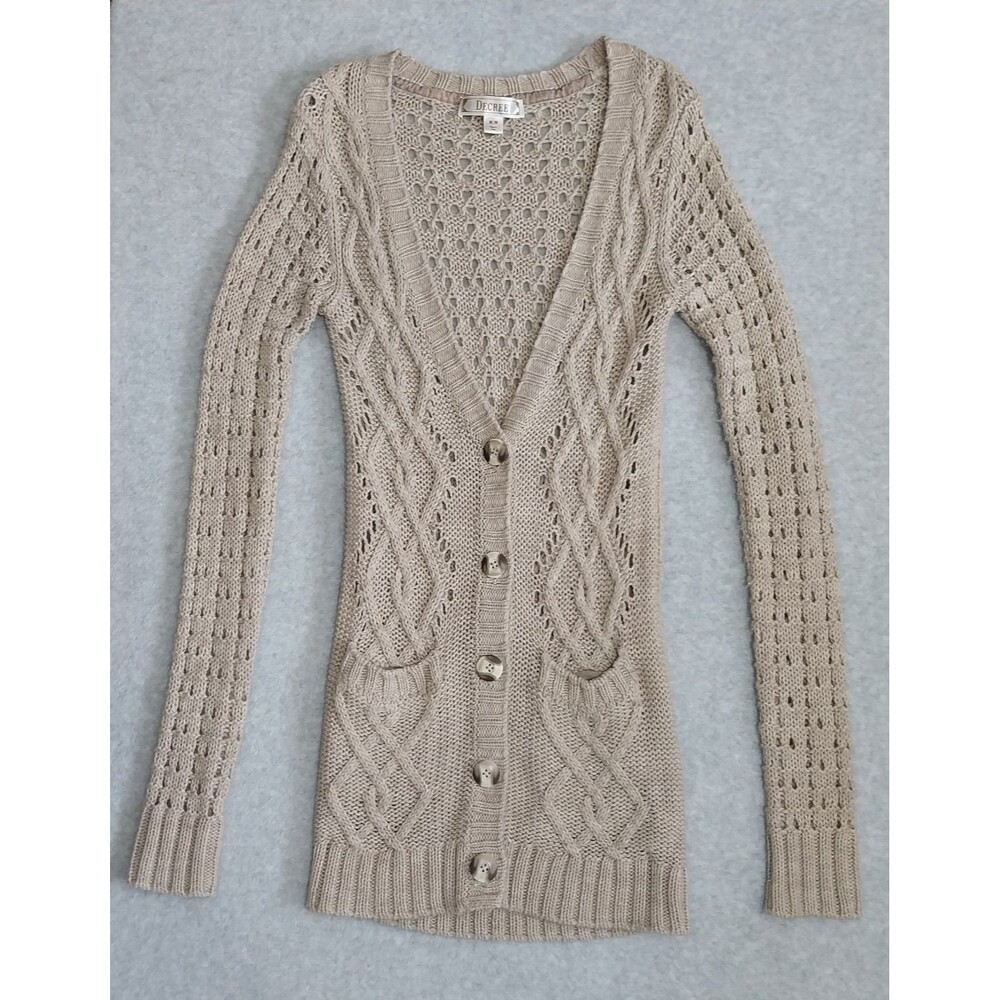 Decree Cable Knit Long Cardigan Sweater Beige Open Pointelle Knit Pockets Size M